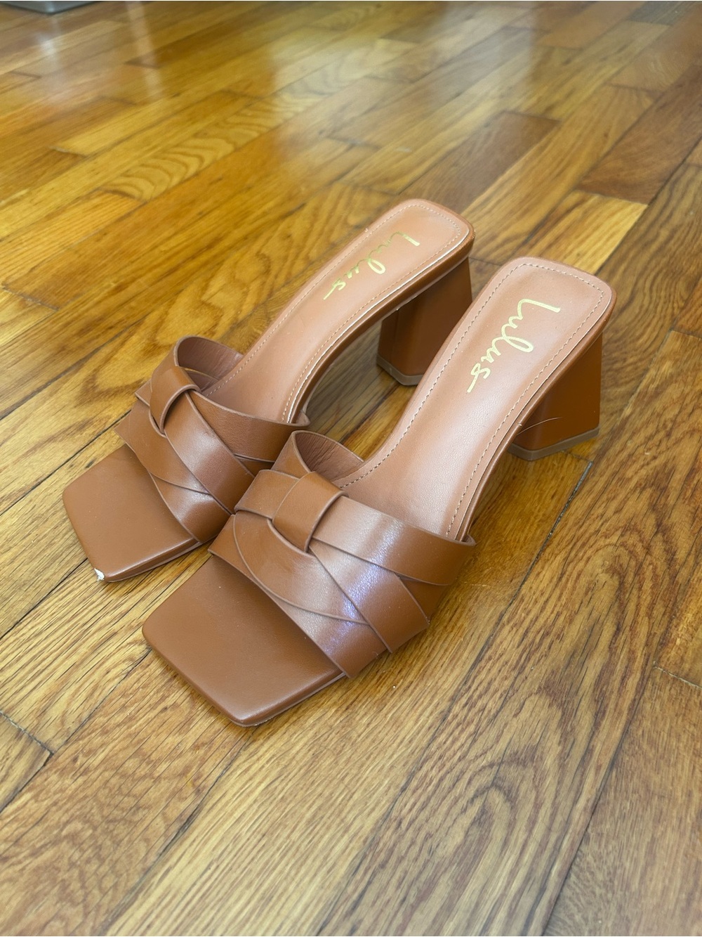 Lulu's Cognac Braided Block Heel Slide Sandals